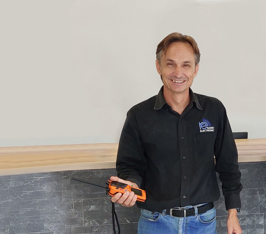 Francois du Toit from Radio Electronic Namibia holding EPIRBs.