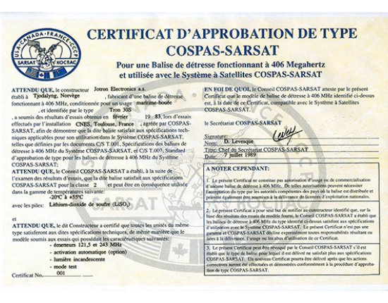 COSPAS-SARSAT certificate for Tron 30S. COSPAS-SARSAT certificate for Tron 30S.