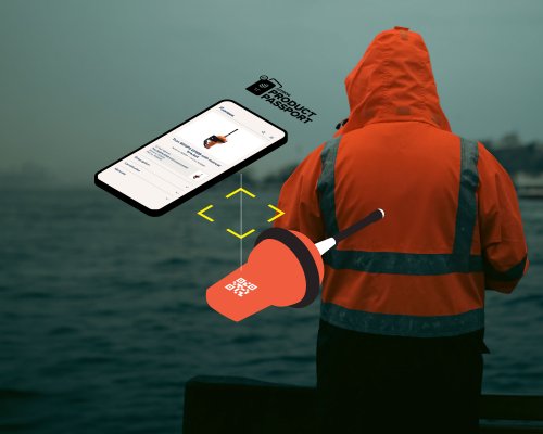 Illustration of how to scan the QR code on a Jotron EPIRB to access the Jotron Product Passport information.