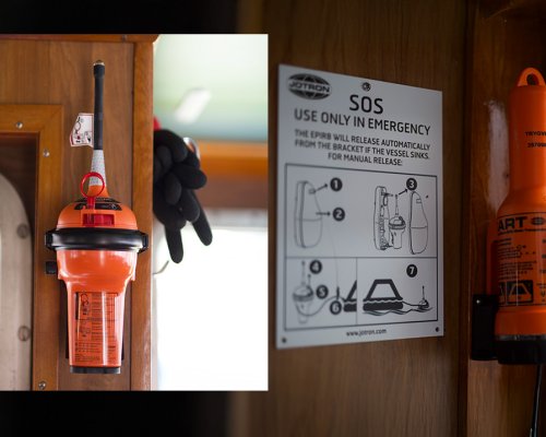 A Jotron EPIRB and a Search and Rescue Transponder mounted onboard a boat.