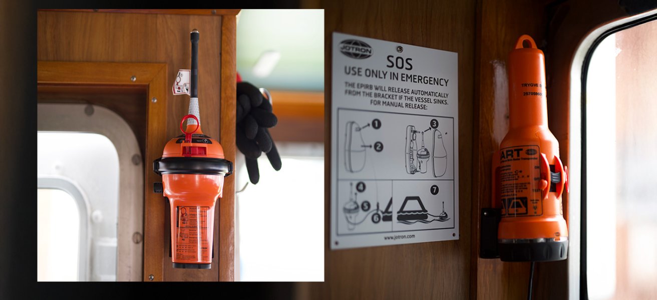 A Jotron EPIRB and a Search and Rescue Transponder mounted onboard a boat.