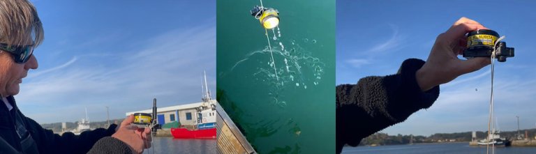 A man shows the functionality of the hydrostatic release unit by dropping it into the water